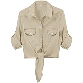 AMEBELLE Women's Roll Up 3/4 Sleeve Tie Front Knot Shirt Chambray Denim Crop Top