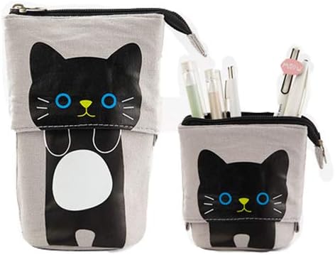 Kaxich Stand Pencil Case Holder Canvas Cute Cartoon Cat Pencil Pouch Bag Makeup Bag Stand Stationery Organizer with Zipper Closure