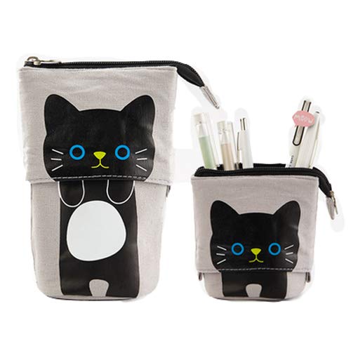 Kaxich Stand Pencil Case Holder Canvas Cute Cartoon Cat Pencil Pouch Bag Makeup Bag Stand Stationery Organizer with Zipper Closure
