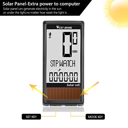 Newace Bike Computer Wireless IPX7 Waterproof Bicycle Speedometer Multi-Functional Odometer with Solar Energy Panel, Large Display and Backlight, Auto On/Off, Bike A/B Selection