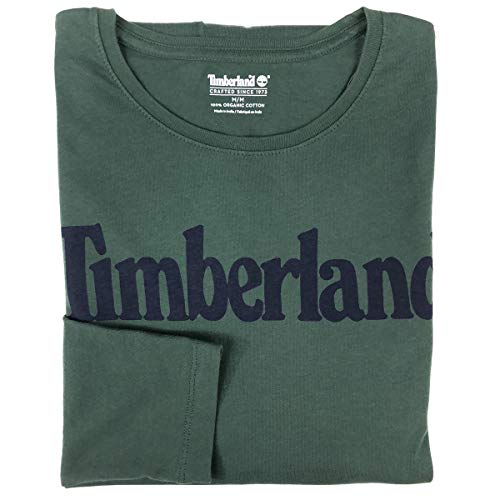 Timberland Men's Long Sleeve Linear Logo Cotton Ringer T-Shirt (Dark Green, Large)