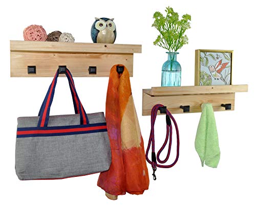 Spiretro Set of 2 Wall Mounted Torched Wood Floating Shelves & Ledge, Coat Hat Rack with Black Metal Pegs Hook to Organizer, Storage, Decorative for Entryway, Hallway, Bedroom, Natural Beige - Thumbnail 7