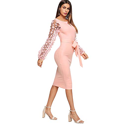 DIDK-Damen-Netz-Figurbetontes-Kleid-Schlauch-Kleider-mit-Knoten-Grtel-Stickerei-Blumen-Applikation-Bishop-rmel-Knielang-bergo-Bleistift-Einfarbig-Party-Kleider