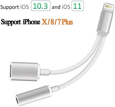 Adapter, Jackiey 2 in 1 Lightning to 3.5 mm Headphone Jack Adapter and Extend Female Lightning Charging Port Converter Cable for iPhone 7 / 7 Plus, Support iOS 10.3 (Silver)