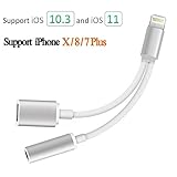 Adapter, Jackiey 2 in 1 Lightning to 3.5 mm Headphone Jack Adapter and Extend Female Lightning Charging Port Converter Cable for iPhone 7 / 7 Plus, Support iOS 10.3 (Silver)