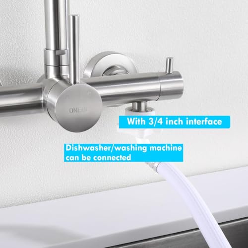 ONECE Wall Mounted Kitchen Tap with 2 Modes, with Dishwasher/Washing Machine Interface 3/4 Inch Wall Mixer Tap with Rotating Nozzle, 360° Swivel Taps, Stainless Steel 304, Removable Aerator