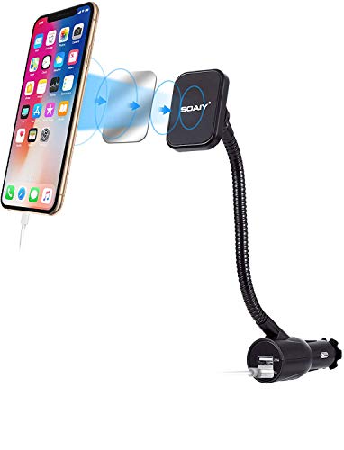 SOAIY 3-in-1 Cigarette Lighter Magnet Car Mount + Car Charger + Voltage Detector,Car Holder Cradle w/Dual USB 3.1A Charger,Display Voltage Current Compitable with iPhone8 X 6s 6 5s Samsung S8 S7 S6
