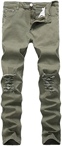 Kewei Men's Black&amp;Army Stretch Destroyed Ripped Skinny Denim Jeans with Broken Holes