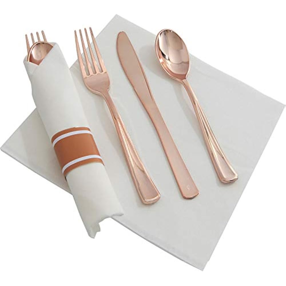 Set Of 30packs, Rose Gold Silverware, Pre Rolled Napkin With Cutlery