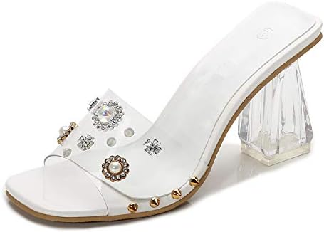 POCARTZ Women's Mid High Heels Clear Slide Slipper Mules Perspex Transparent Sandals Shoes