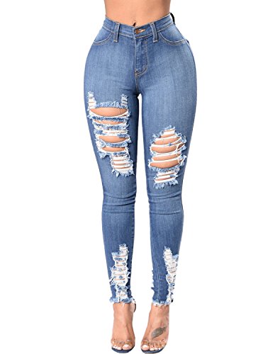Burvogue Women Stretch Ripped Distressed Skinny Jeans Denim Pants (M, Blue6)