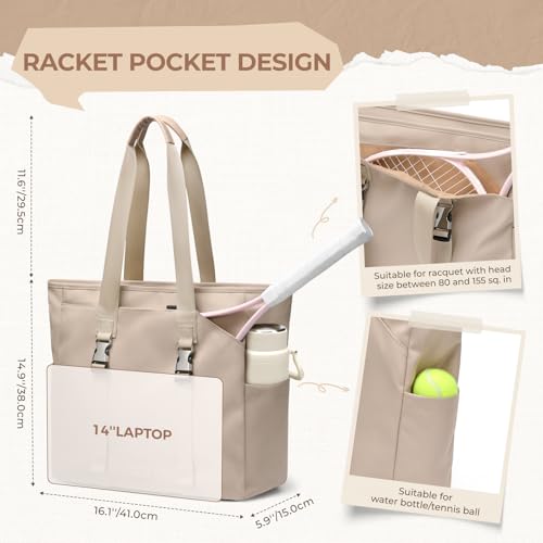 Tennis Bag for Women, Carry Bag with Wet Pocket, Yoga Mat Tote Bag, 14 Inch Multifunctional Tote Bag for Travel, Fitness, Yoga, Tennis and Office