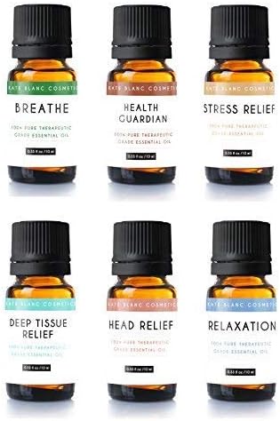 Aromatherapy Essential Oil Blend (Set of 6) by Kate Blanc. Pure Therapeutic Grade Oils 10 ml Blends Include Breathe, Health Guardian, Stress Relief, Deep Tissue, Head Relief, Relaxation