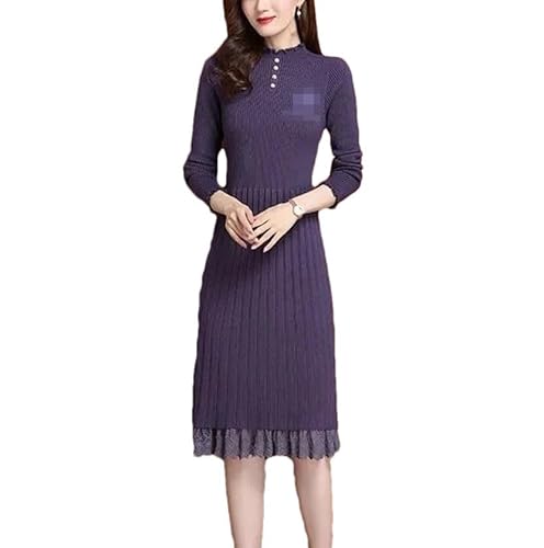 Patchwork Lace Vintage Knitted Dress Women Autumn Winter Thick