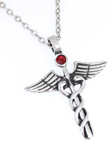 Pewter Caduceus Medical Snake Rod Pendant on Chain with Austrian Crystal Deep Red January Birthday