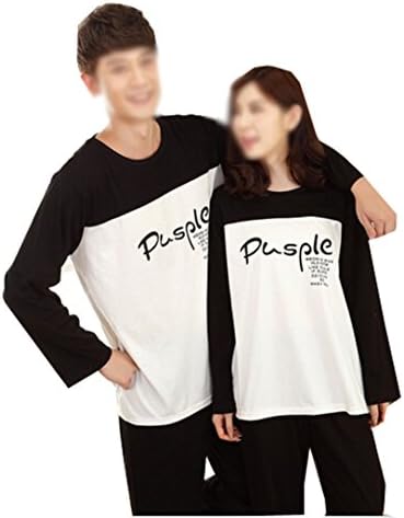 KM Couple Pure Cotton Pyjamas Long Sleeves Nightwear Set #3 Black&amp;White (Female L)