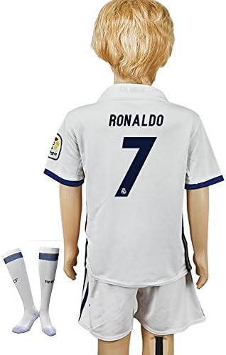Boys Real Madrid Soccer Jersey Home Ronaldo 7 Kids Youth Shirt+Short+GIFT Socks in 5 Sizes.