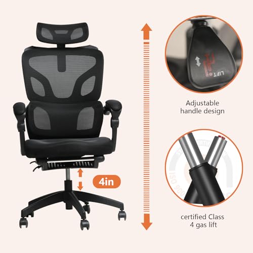 Ergonomic Office Chair,350lbs Heavy Duty Chair with Adjustable Lumbar Support & Headrest, 90-135° Recline Lock, Footrest, Buttock-Care Cushion, Breathable Mesh Computer Gaming Chair for Home Office