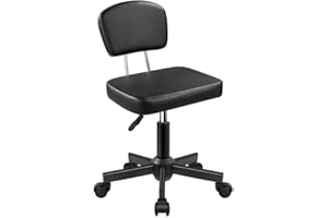 WKWKER Rolling Stool Chair with Backrest Height Adjustable 360° Swivel Stool with Wheels Square Seat PU Leather Rolling Stool for Bedroom Counter Shop Salon Massage Home Office Drafting Work (Black)