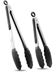 Hotec Premium Stainless Steel Locking Kitchen Tongs with Silicon Tips, Set of 2-9" and 12"