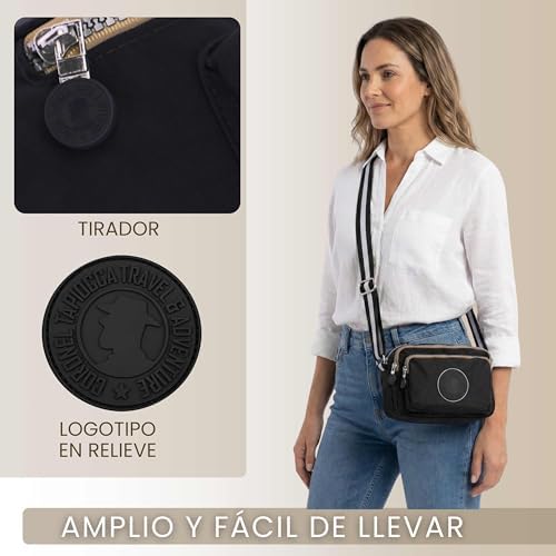 Coronel Tapioca - Bolso bandolera mujer - Bolso mujer - Bolsos bandolera - Bolsos bandolera casual gran capacidad con 3 cremalleras, Negro