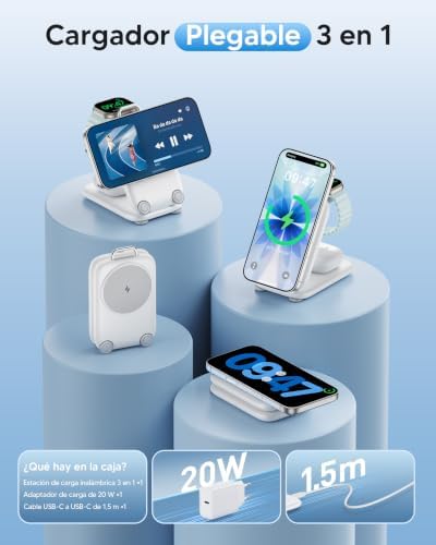 Carregador sem fios Estação de carregamento portátil Carregador magnético dobrável 3 em 1 Compatível com iPhone 17, 16, 15, 14, 13, 12, Apple Watch e AirPods 4, 3, 2, Pro