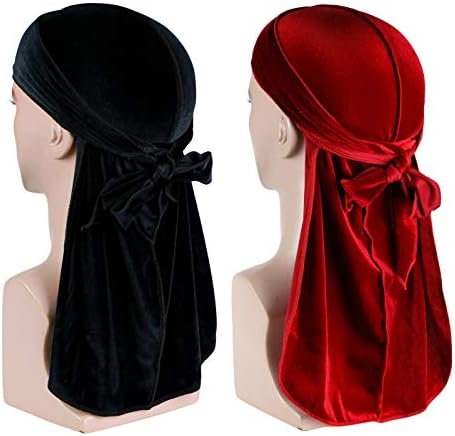 Velvet Men Durag -Premium Durag Cap Headwraps (2PCS) with Extra Long Tail and Wide Straps for 360 Waves