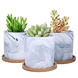 SQOWL 4 inch Marble Ceramic Succulent Planter Pot Indoor Modern Cactus Herb Flower Planters with Bamboo Tray Set of 3