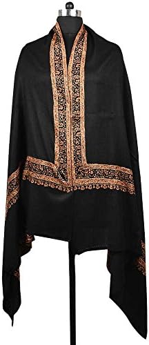 IndianShelf Stoles Black Woolen Shawl with Embroidered Border Handmade Cloak Woven Ponchos Kashmiri Girls Shawls Women