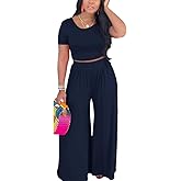 HBQ Two Piece Outfits For Women Casual Sweat Suits Backless Short Sleeve Crop Tops Wide Leg Pants Lounge Sets Tracksuit-Dark Blue-M