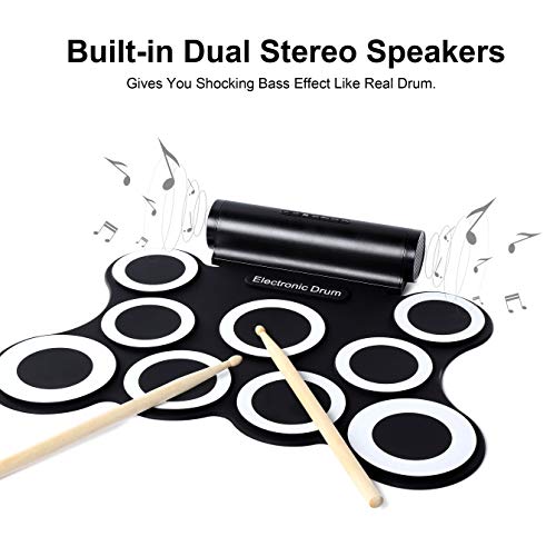 Electronic Drum Set, Christmas Gifts for Kids 9 Pads Roll Up Drum Kit Practice Pad Midi Drum Kit with Headphone Jack, Built in Speaker and Rechargeable Battery, Drum Stick, Foot Pedals. - Thumbnail 3