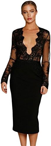 VertHome Sexy V Neck Long Sleeve Lace Midi Dress Hollow Out See-through Back Split Dress