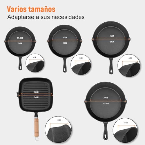 Ausein Juego de 5 Sartenes de Hierro Fundido, Cast Iron Skillet con Espátula y Guantes, Cacerolas de Hierro Fundido Antiadherentes, Ideal para el hogar, la cocina y el camping