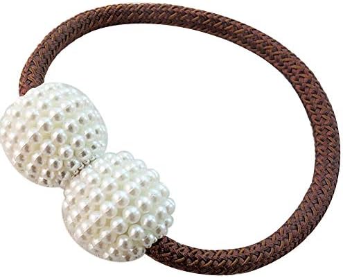 longyitrade Faux Pearl Beads Weaving Rope Magnetic Curtain Tieback Ring Holder Home Decor - Dark Coffee