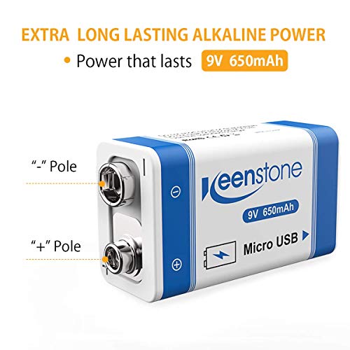 9V Block Batterien, USB Wiederaufladbar Lithium-Ion Bateria 650mAh E-Block PP3 Akku mit Micro-USB-Kabel für Tastatur Mikrofon Rauchmelder-Keenstone 4 Stück Blockbatterien
