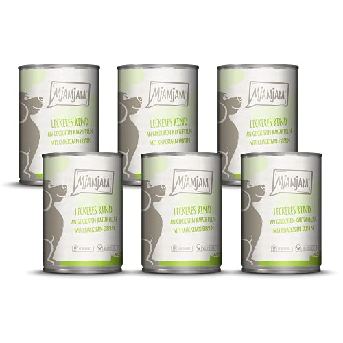 MjAMjAM - comida húmeda premium para perros - deliciosa ternera sobre patatas hervidas con guisantes crujientes, pack de 6 (6 x 400 g), natural con extra de carne