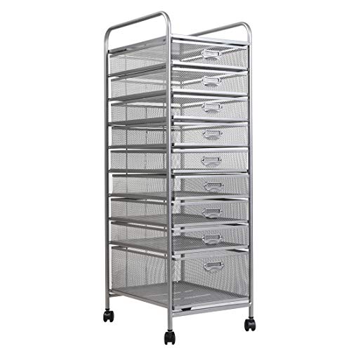Metal Mesh 9 Drawer Rolling Cart Storage Organizer File Basket Cart Office&Home Cabinet-Silver