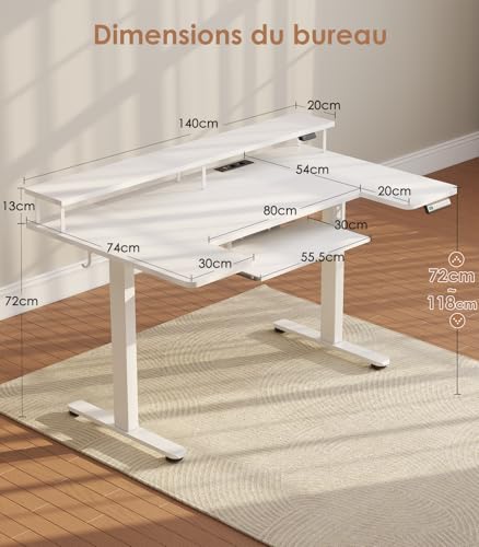 OffiGo U Shape Sitting Desk Electric Desk with Monitor Stand, USB Sockets and Port, Standing Desk with LED, Height Adjustable Gaming Table, White