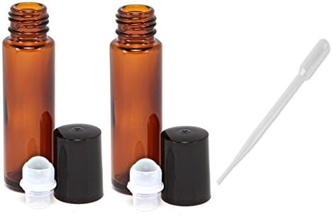 Chralter 2PCS Roller Bottles with Glass Roll On Ball for Aromatherapy Essential Oils10ml Empty Blue Amber Vials with Black Lids and Stainless Steel Rollers (5 ml Dropper Included), Pack of 2