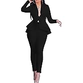 Women's Two Piece Outfits Sets Long Sleeve Deep V Neck Ruffle Pelplum Blazer Slim Fit Bocycon Long Pants Business Suit Set