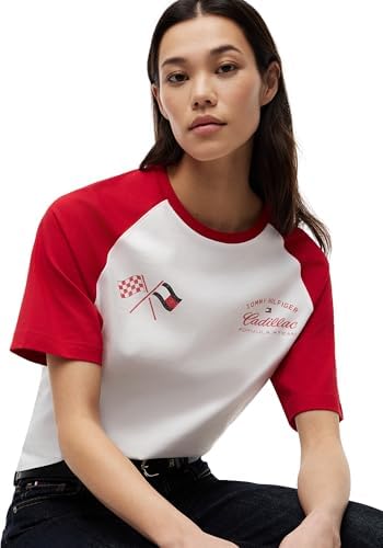 Unisexe T-Shirt Manches Courtes TH X Cadillac F1 Varsity Raglan Coton, Multicolore (White/Red), M