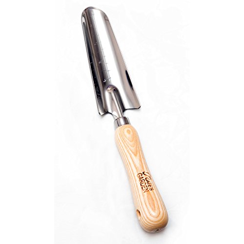 Cate's Garden Garden Transplanter Trowel Premium Transplanter Tool for Digging and Planting - Heavy Duty Stainless Steel, Smooth Vintage Style Natural Ash Wood Handle and Leather Strap