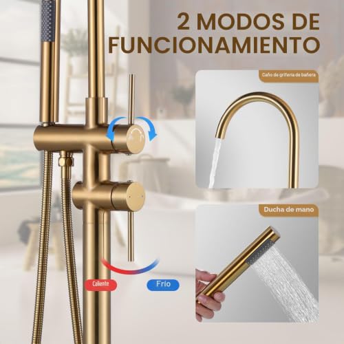 ARCORA Floor Bathtub Faucet with Shower, Independent 360° Swivel Bath Tap, Copper and Stainless Steel, Ceramic Cartridge, 2 Handling Modes, Floor Installation, Gold