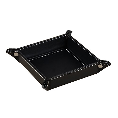 Leather Mens Valet Tray, Catchall Trinket Jewelry Key Phone Coin Box Travel Valet Tray Caddy Bedside Storage Tray(Black) - Thumbnail 3