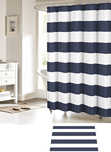 Fabric Shower Curtain: Nautical Stripe Design (Navy and White)60x72inch &amp; doormat 40x60cm