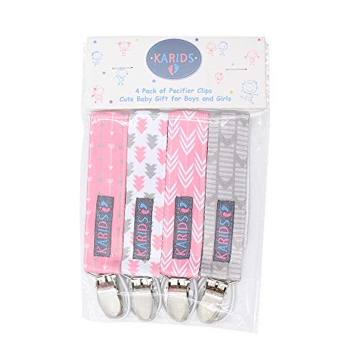 Pacifier Metal Clip (4 Pack) for Babies, Infants, and Toddlers - Unisex Modern Pacifier Holder for Binky, Soothie, Toys - Cute Durable Lightweight Baby Accessory -Girl Pack-
