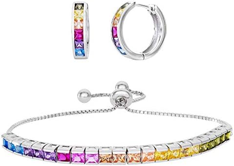 Sterling Silver Lariat Bracelet and Endless Huggie Hoop Earrings Multi Colored Set with Rainbow Cubic Zirconia