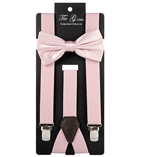 TIE G Solid Color Men's Suspender + Woven Bow Tie Set for Wedding : Vivid Color, Adjustable Brace, Strong Enhanced Clip, Elastic Band (Blush)