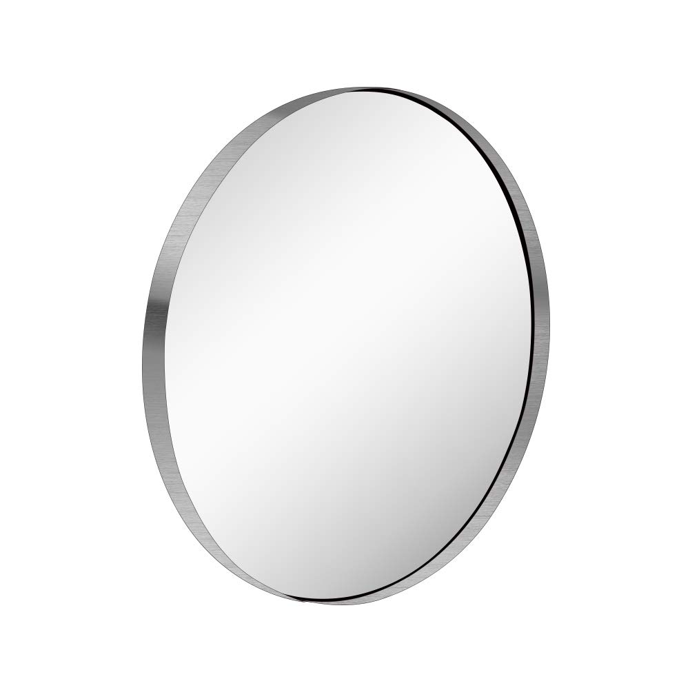 Photo 1 of KAASUNES 30-Inch Circle Mirro Brushed Nickel Silver Wall Mounted Round Mirror, Glass Panel Circle Deep Set Design Stainless Steel Framed Mirror for Bathroom Vanity, Entryways, Living Rooms