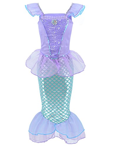 Little Mermaid Princess Ariel Costume for Girls Dress Up Party with Crown Mace (L,120cm)